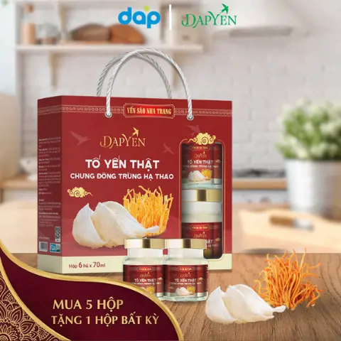 Tổ yến thật chưng đông trùng hạ thảo, hộp 6 hũ